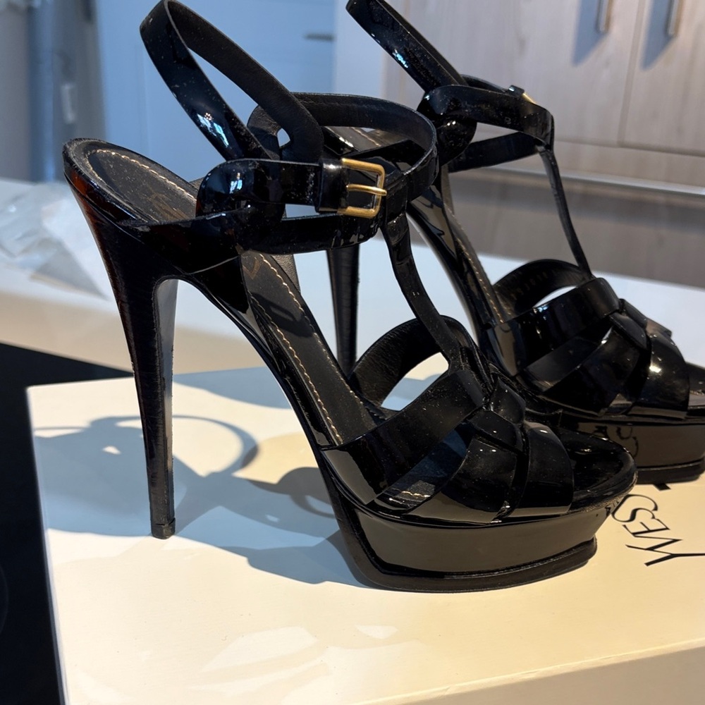 Saint Laurent Tribute Black Patent Leather Braided T-Strap Platform Heels 7